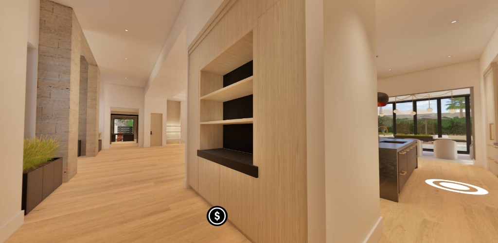 Interior hallway with built-in key drop cabinetry and wood finishes.