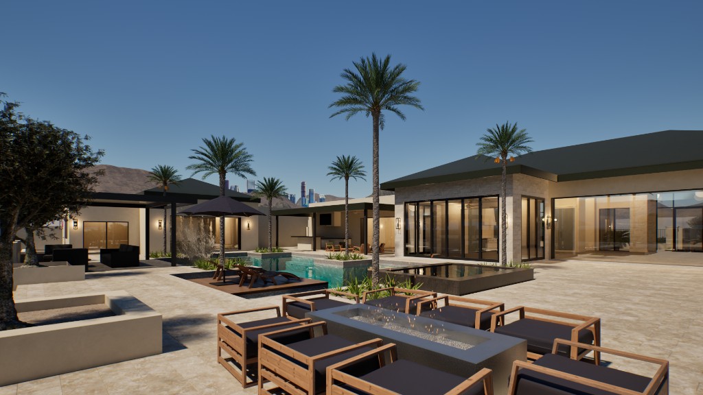 3D visualization of luxury outdoor living: pool, spa, fire pit lounge, and modern home with mountain view.