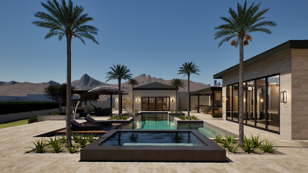 3D visualization of pool, spa, and desert-modern backyard with mountain backdrop.