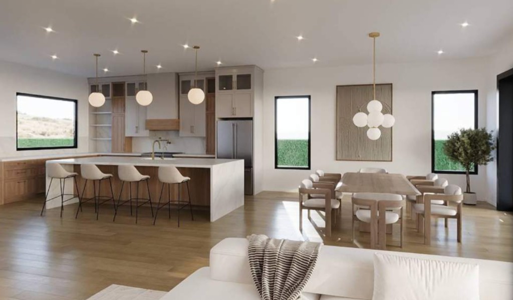 Evening Glow remodel — open kitchen and dining with marble island, wood tones, and large windows