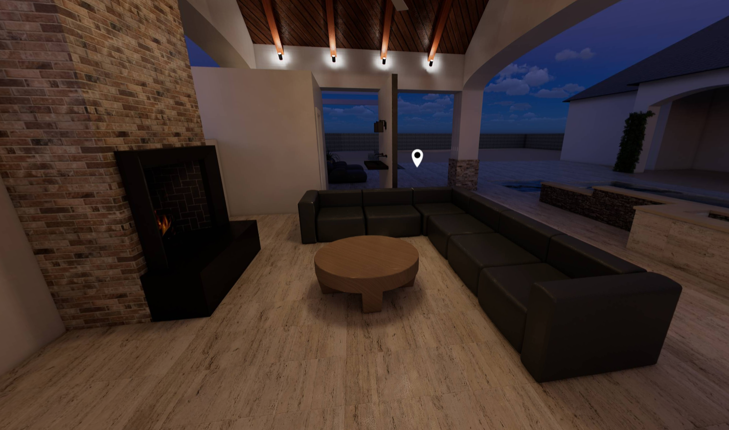 ROYAL DRIVE2 remodel — covered outdoor living with brick fireplace at dusk